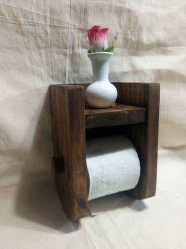 Rustic Solid Pine Wood Toilet Paper Holder with Small Shelf 1
