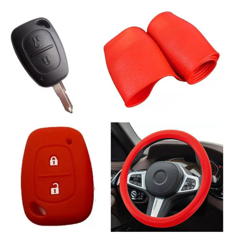Silicone Steering Wheel Cover + Key Case - Renault Clio - Red 0