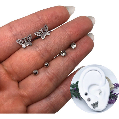 Barú Pack of Surgical Steel Earrings: Butterfly, Ball, Crystal 0