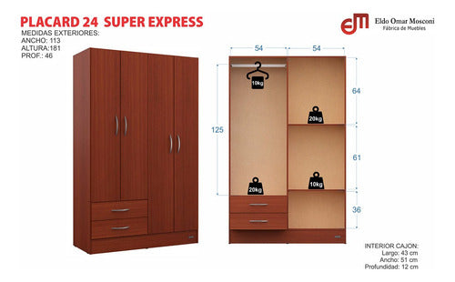 Mosconi Placard Ropero 4 Puertas 2 Cajones + Estantes 182x115x47 Cm 3