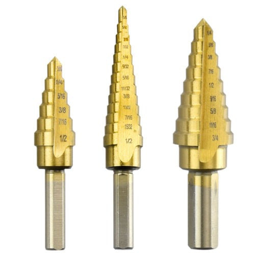 Titanium PC Set of 3 Step Cone Drill Bits HSS M2 1/8" to 3/4" 0