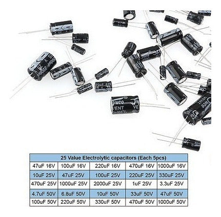 Valor 25 125pcs (1uf ~ 2200uf) Condensadores Electrolíticos 2