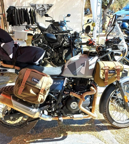 Kis X2 Custom Motorcycle Saddlebags Double Pocket Cafe Racer Green Cordura Brown Laces Motoscba 5