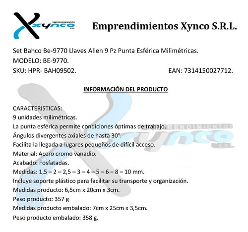 Set Bahco Be-9770 Llaves Allen 9 Pz Punta Esferica Milimet 1