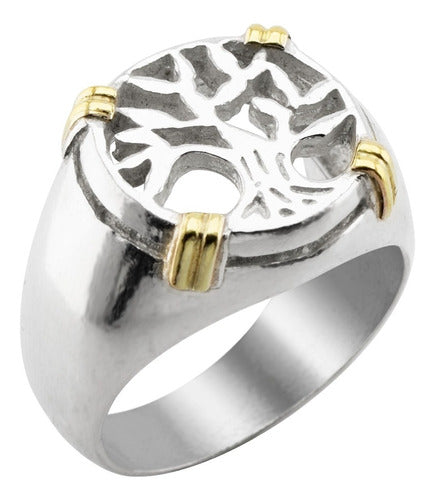 Tree of Life 925 Silver and 18kt Gold Signet Ring Gift 0