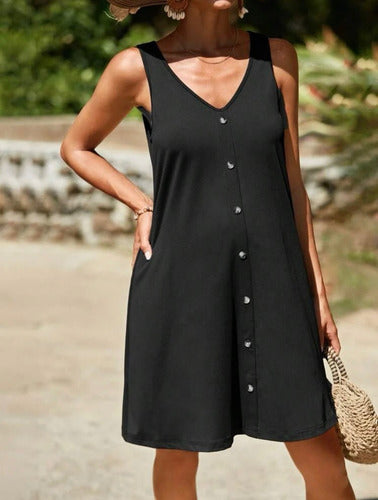 Maternity Black Sundress with Wide Strap Detail and Buttoned Skirt 6