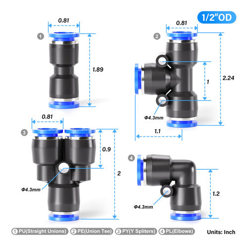 Tailonz Pneumatic 1/2 Inch Od Push To Connect Fittings Pneumatic Fittings Kit 20 Accessories Straight/Elbow/Tee/Splitters 1