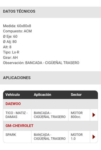 DBH Reten Bancada Cigüeñal Daewoo Tico Matiz Damas Spark 8629 2