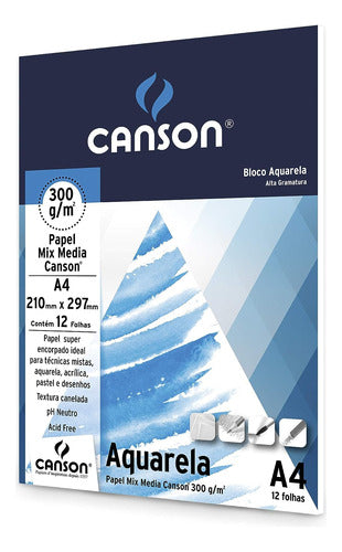 Bloco Canson Aquarela Mix Media 7180 300g/m² A4 12 Folhas 0