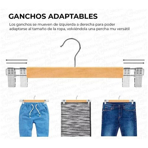 Perchas De Madera Con Ganchos Broches Pantalon Pack X5 3