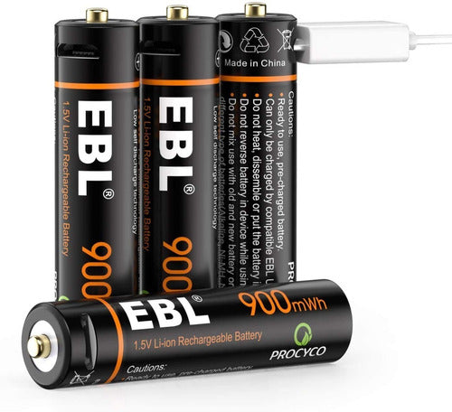 EBL Pack of 4 Triple AAA Lithium Batteries 900mWh with USB Charger 0