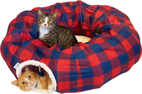 Kitty City Cama Túnel Entretenimiento Para Gatos Diseño A Cuadros Rojo 0