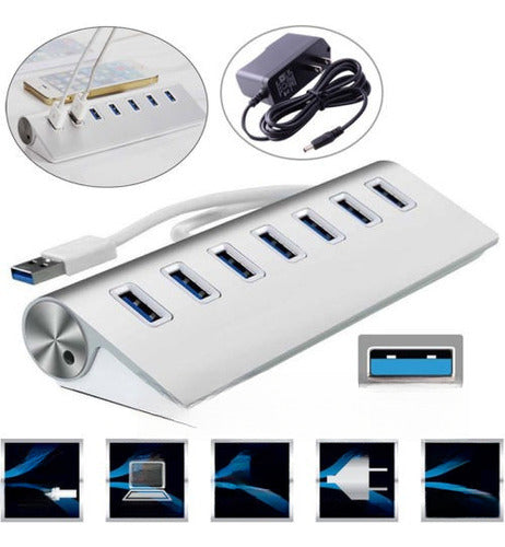 Aluminum USB 3.0 Hub 7 Ports 5 Gbps Speed + Power Adapter 0