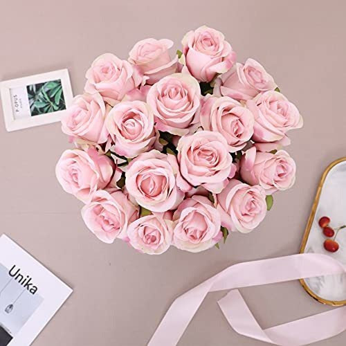 Realistic Silk Artificial Roses 10pcs Light Pink with Long Stems 3