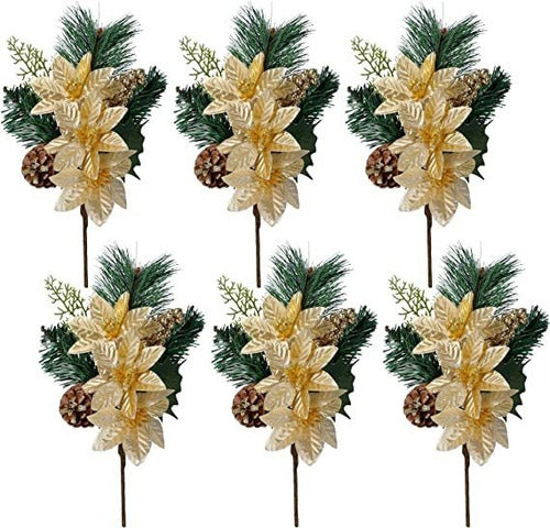 Dr.Dudu Elegant Faux Evergreen Sprigs - Gold & Silver Flower Ornaments (6 Pcs) 0