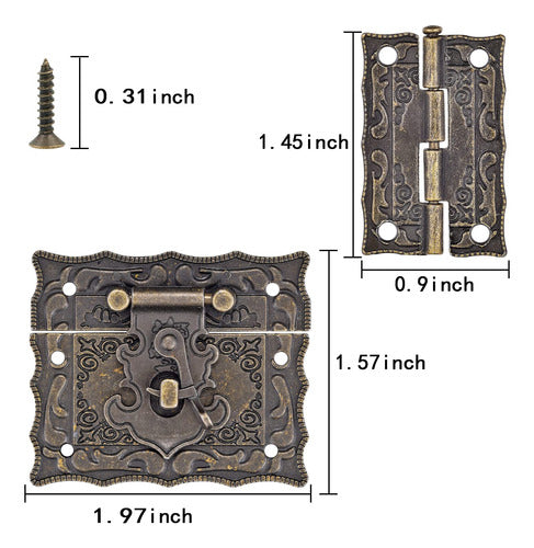 Pgmj 12 Vintage Bronze Engraved Hinges & 6 Decorative Lock Latch + Screws 1