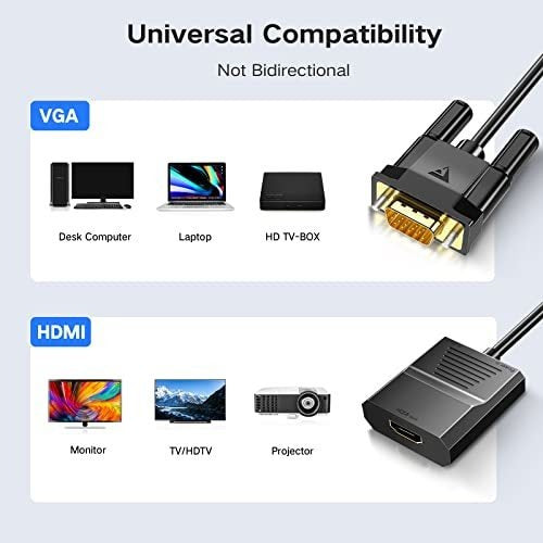 Foinnex VGA To HDMI Adapter With Audio Up To 1080p Cable 0.5m 1