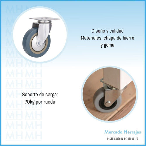 Mercado Herrajes Rueda Goma Gris 100mm Base Giratoria Reforzada X 4 Unid 2