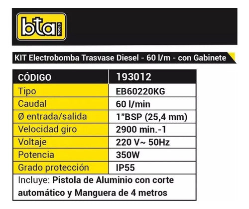 Electrobomba Trasvase Gas Oil 60 L/m Con Gabinete Bta 1