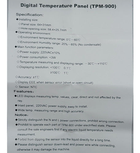 Termometro Digital Con Bulbo 220v Tpm900 Rango -30ºc A 110ºc 6