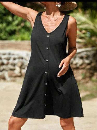 Maternity Black Sundress with Wide Strap Detail and Buttoned Skirt 4