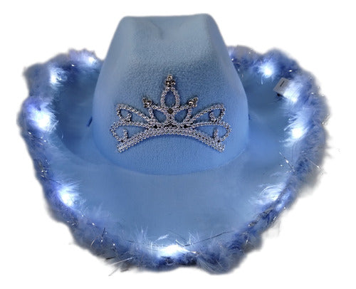 Cowboy Cowgirl LED Light-Up Hat with Feathers and Crown - White or Pink 11