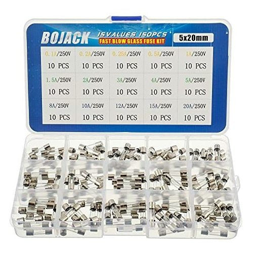 Bojack 150 Pcs Fast Blow Glass Fuses Assortment Kit 250 V 0