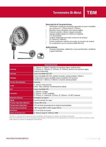 Winter's Bimetallic Thermometer 0-100°C Diameter 53mm 1/4 NPT TBM20040B30 5