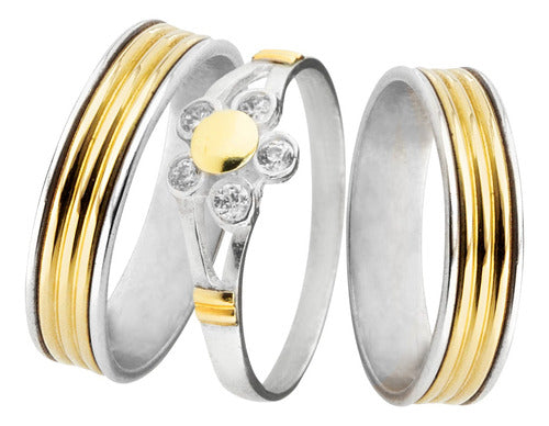 Joyería Belmar Triple Line Silver and Gold Wedding Bands with Solitaire Flower Ring 0