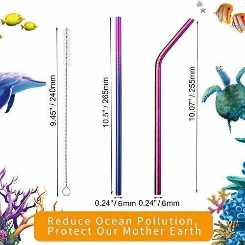 VEHHE 8x Reusable Stainless Steel Rainbow Straws 265mm 4