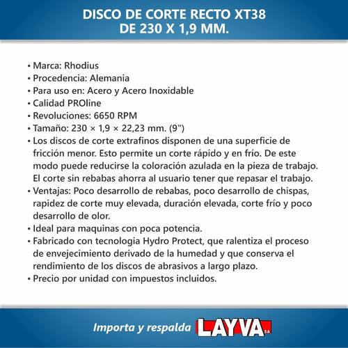 791023 Disco De Corte 230 X 1,9 Mm (9'') Rhodius Layva 1