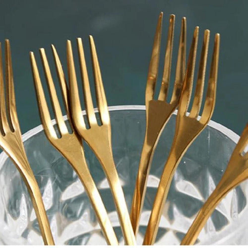 Set of 6 Stainless Steel Cocktail Forks with Gold Leaf Design 2