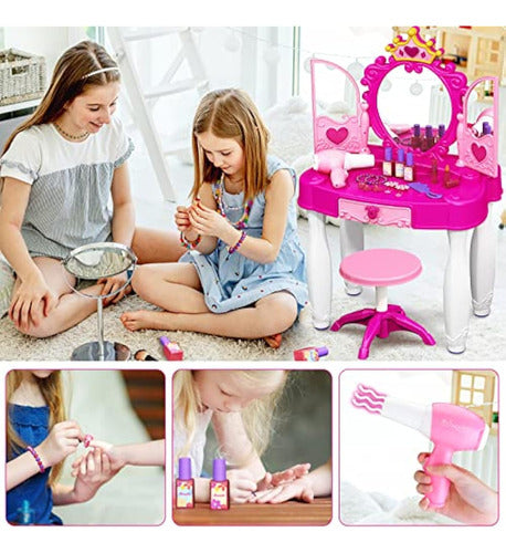 EOHEMERAL Toddler Makeup Table with Mirror and Chair, Kids Vanity Set with Accessories, Lights, and Music 3