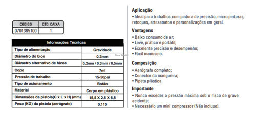 Kit Aerografo Gravidade 0,3mm - Copo 7ml Sgt-3851 3