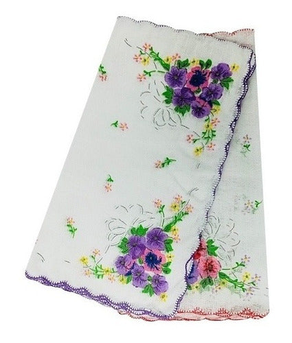 Sun Flower Women's Cotton Handkerchiefs with Flower Prints and Wavy Edges x12 - 26 x 26 cm 0