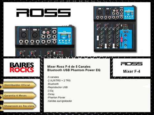 Ross Mixer F-4 5 Channels Bluetooth USB Phantom Power EQ 1