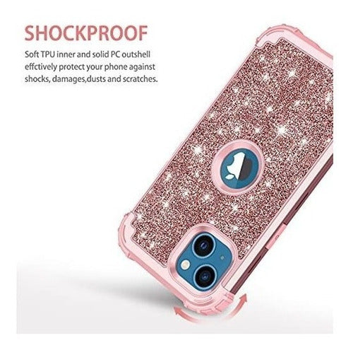 Funda Para iPhone 13 Shockproof Brillo Glitter Oro Rosa 3