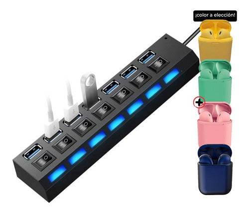 Hub Usb Treqa 7 Puertos + Auriculares Inalámbricos 0