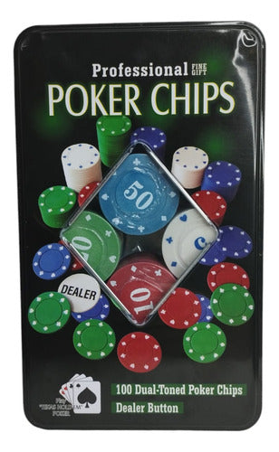 100 Poker Chips Fichas Dual Toned Lata Dealer Juego 0