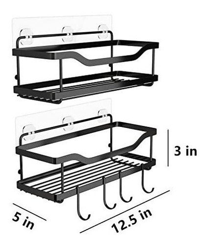 Tesot Adhesive Shower Shelf, No Drilling Shower Organizer, Rust Proof Stainless Steel Shower Rack With Hooks For Bathroom Storage, 2 Pack, Black 3