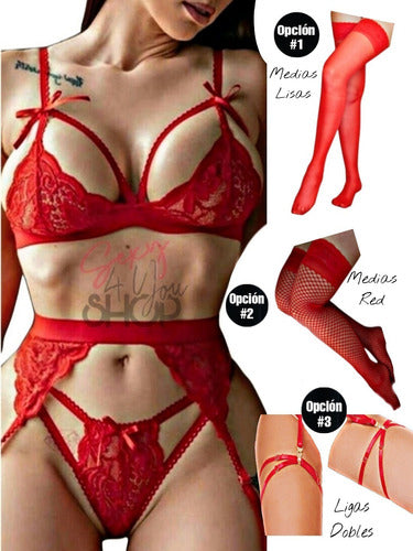 Sexy Lace Lingerie Set: Bralette+Thong+Suspender Belt+Optional Stockings 1