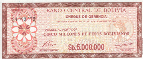 Bolivia Billete De 5.000.000 Pesos Bs Año 1985 - P 193 - Sc 0