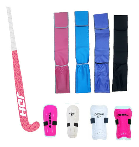 JDH Junior Hockey Stick 100% Fiberglass + Anatomical Shin Guards + Bag Cover 0