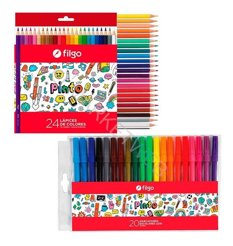 Filgo Set Pinto Pack 24 Long Colored Pencils + 20 Markers 0