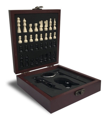 Set De Vino Con Juego Ajedrez Caja Madera Sacacorchos 4 Pzs 0