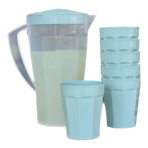 Plastic Pitcher with 6 Faceted Glasses Colorful Design 0