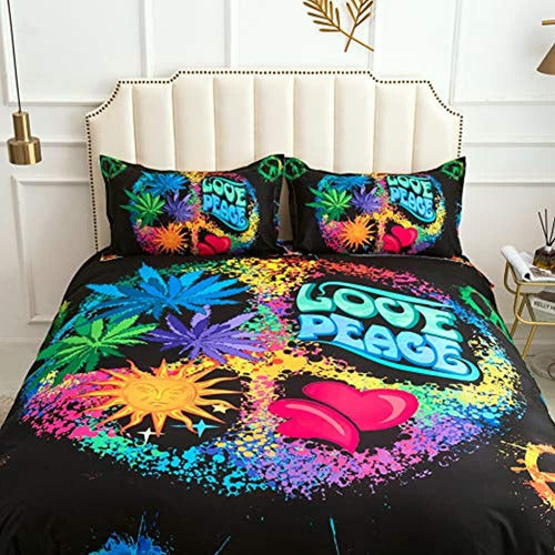 Suncloris Psychedelic Rainbow Black Peace Sign Bedding Set 3