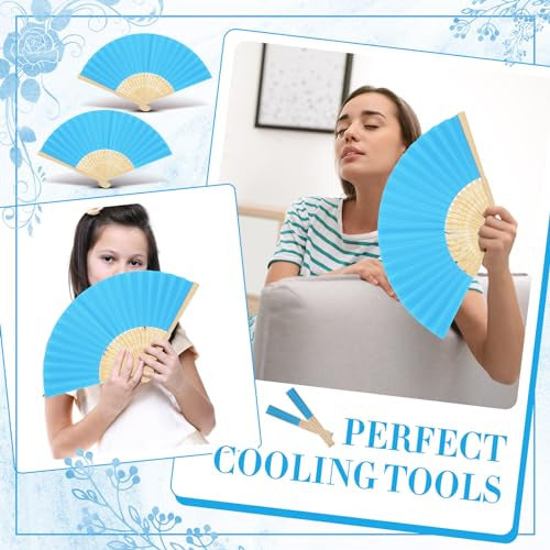 Yinkin Folding Fans Bamboo and Paper Handheld Folded Fans for Decor, Weddings Blue 4
