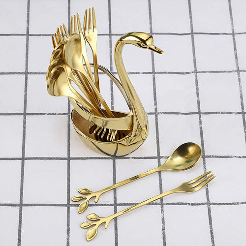 AnSaw Decorative Swan Base Holder with 10 Gold Leaf Coffee Spoons 6