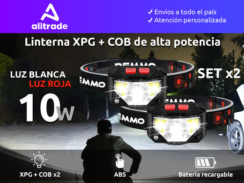 Set of 2 Miner Headlamp Flashlights XPG COB LED Rechargeable Remmo 1